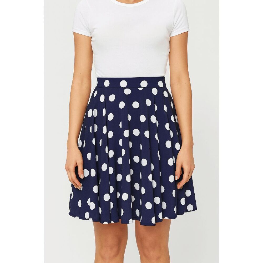 Pixley Navy Blue Polka Dot Swing Skater Skirt XS | Fully Lined | Side Zipper